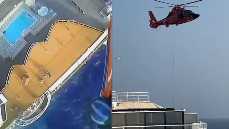 On the left side of the image, a view from above shows people on the deck of a cruise ship near a pool. On the right, a USCG helicopter hovers above the ship, lowering a basket attached to a cable for an ailing man in need of urgent care.