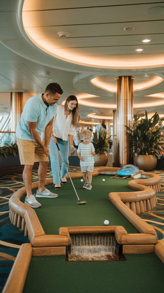 A man, woman, and young child enjoy a game of mini-golf indoors on their family cruise. The man guides the child with a golf club while the woman watches. The space features wooden accents, lush plants, and ceiling lights, making it one of the engaging onboard activities.