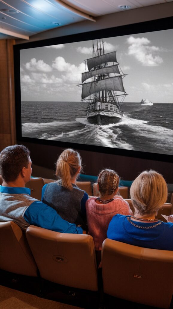 Four people sit in a theater watching a black and white film of a sailing ship, dreaming of a stress-free Caribbean cruise. The cushioned seats provide comfort as the engaged audience immerses themselves in the maritime tale.