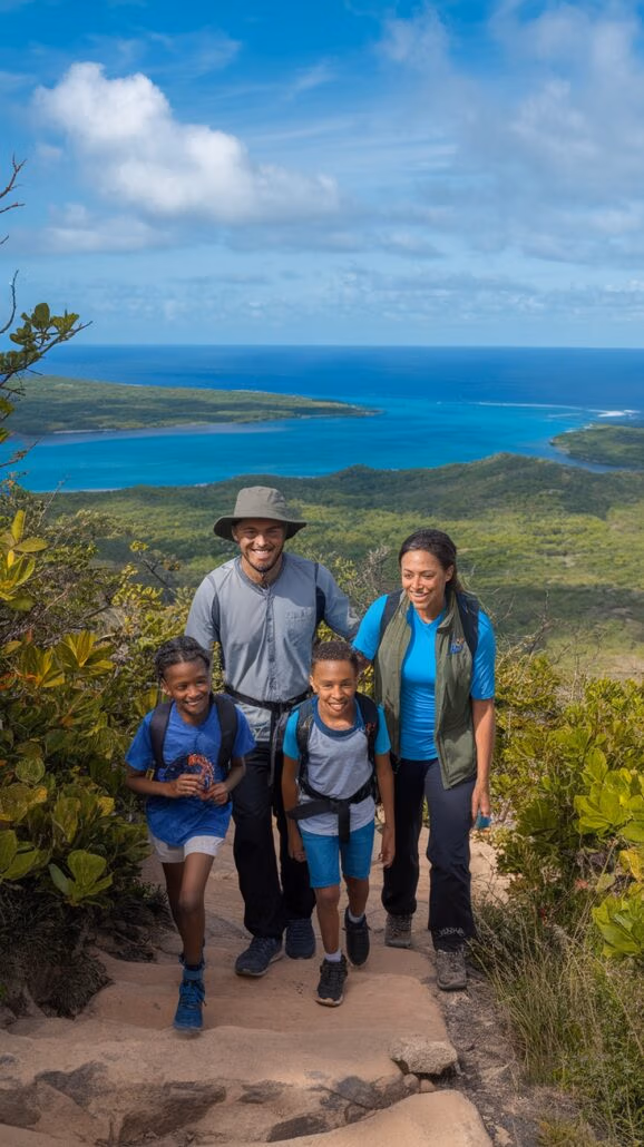 A family of four, including two children and two adults, embarks on unforgettable adventures as they hike up a rocky path surrounded by lush greenery. Clad in casual hiking gear and backpacks, they enjoy a breathtaking view of the blue ocean and an island under a partly cloudy sky.