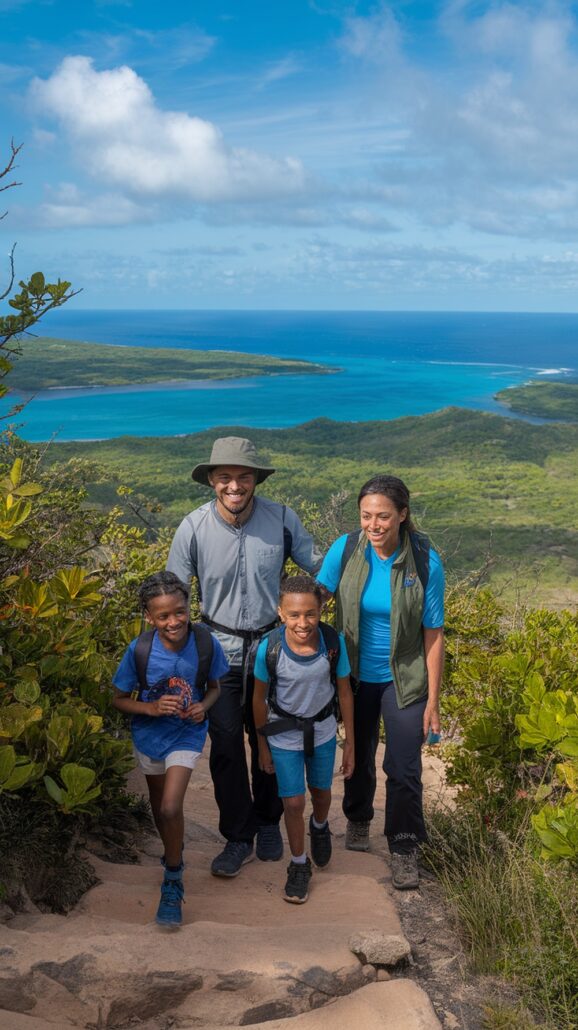 A family of four, including two children and two adults, embarks on unforgettable adventures as they hike up a rocky path surrounded by lush greenery. Clad in casual hiking gear and backpacks, they enjoy a breathtaking view of the blue ocean and an island under a partly cloudy sky.