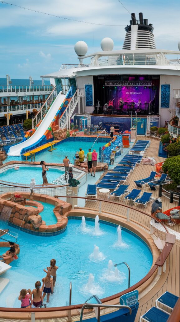 The image depicts a bustling cruise ship deck brimming with essential family cruise hacks. Multiple swimming pools and a water slide invite both relaxation and play, while children frolic in the water. A live band energizes the backdrop, enhancing this unforgettable Caribbean adventure.