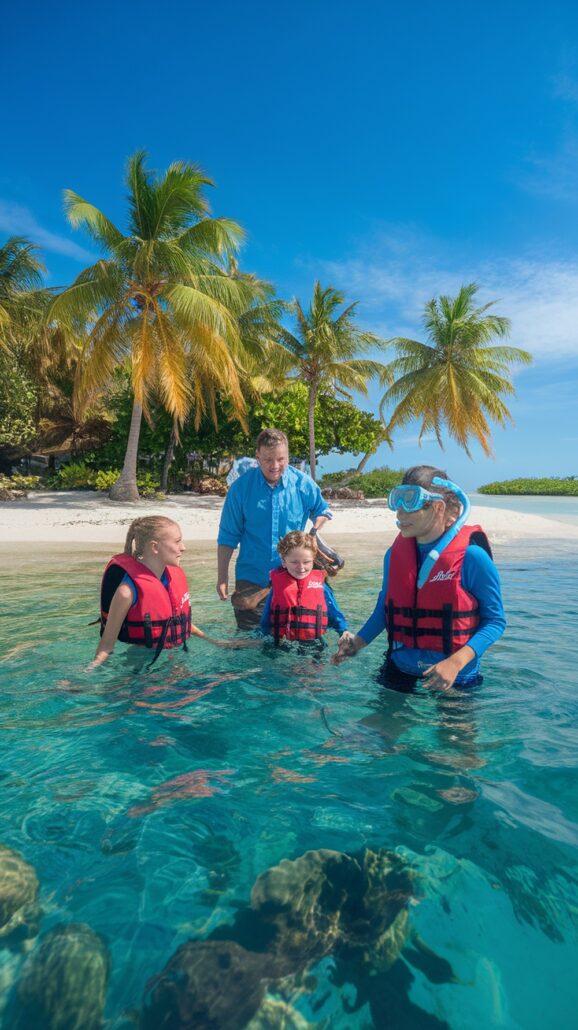 A family of four, on their dream vacation, dons life vests as they stand in clear, shallow ocean waters near a sandy beach with swaying palm trees under a vibrant blue sky. One adult sports a snorkel mask, capturing the essence of their Family Caribbean cruise.