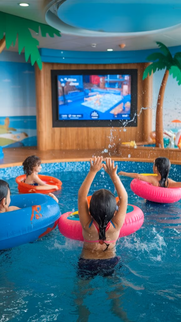 Children in a swimming pool wearing inflatable rings watch a video game on a large screen. The room is decorated with palm trees and beach imagery, resembling scenes from a Caribbean cruise. One child enthusiastically splashes water with raised arms, bringing sunny adventures to life.