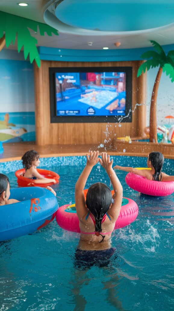 Children in a swimming pool wearing inflatable rings watch a video game on a large screen. The room is decorated with palm trees and beach imagery, resembling scenes from a Caribbean cruise. One child enthusiastically splashes water with raised arms, bringing sunny adventures to life.