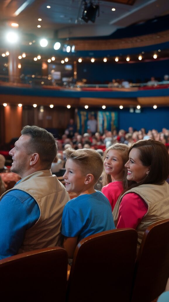 A family of four, two adults and two children, is seated in a theater enjoying the show. It’s a perfect moment for strengthening family bonds amid the warmly lit ambiance, with visible rows of seats and tiered balconies filled with captivated patrons.
