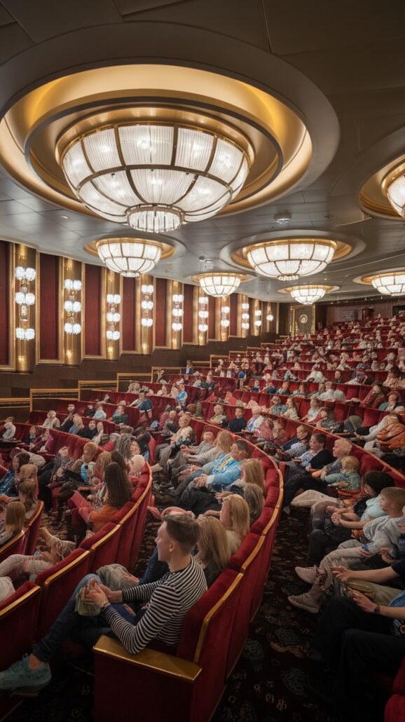 A theater with red cushioned seats is filled with a large audience, eagerly facing the stage. The space glows under ornate chandeliers, reminiscent of a grand ballroom on a Caribbean cruise.
