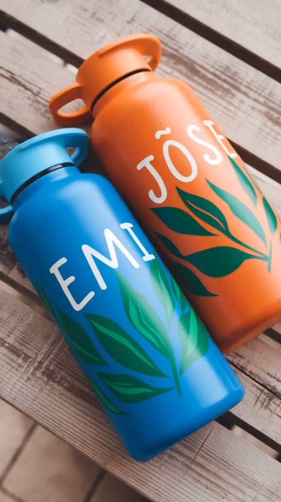 Two water bottles on a wooden surface: the blue "EMI" and the orange "JÔSE," both adorned with green leaf designs. Perfect pack companions for your Family Caribbean Cruise, these bottles are must-have items for staying refreshed on any adventure.