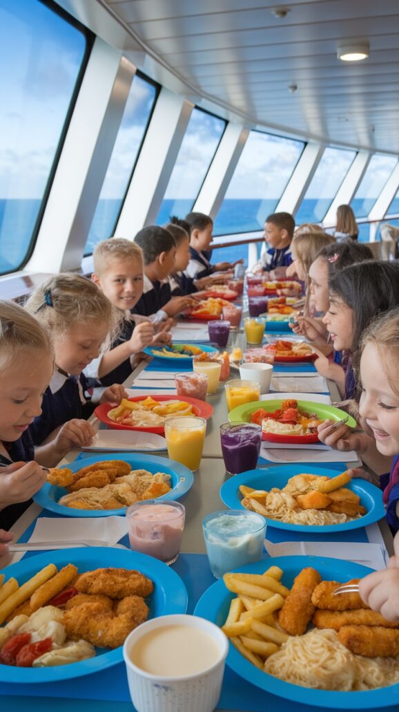 Children sit at a long table on a family cruise, enjoying meals with chicken nuggets, fries, and vegetables on blue plates. Various drinks are scattered across the table. Large windows offer stunning views of the ocean and sky, adding to their Caribbean adventure.
