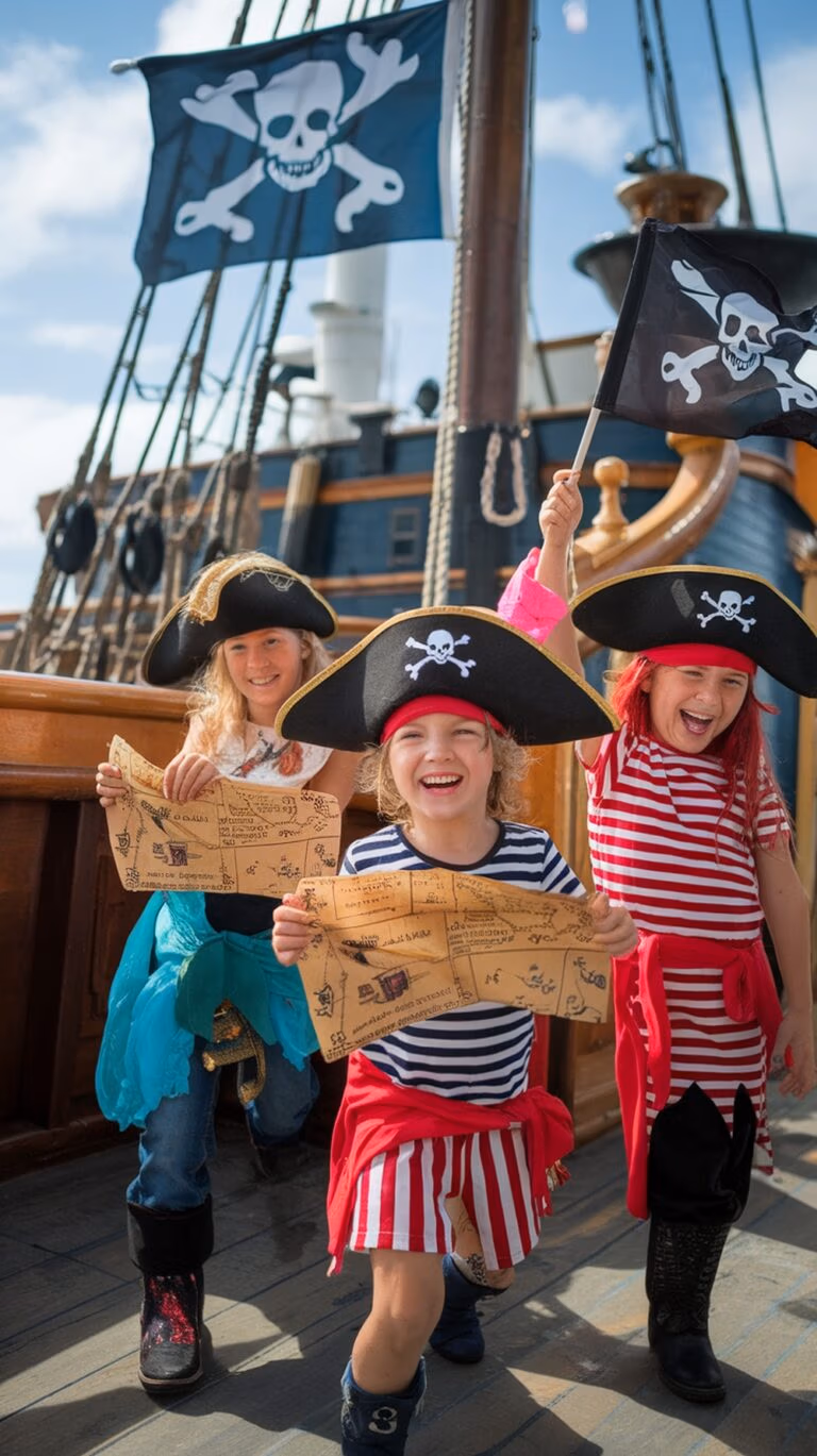 Three children dressed as pirates embark on an exciting adventure aboard a Caribbean Cruise ship. On the deck, they eagerly hold maps and pirate flags, wearing iconic black hats with skulls and crossbones. A large pirate flag waves in the background, creating a lively and cheerful scene.