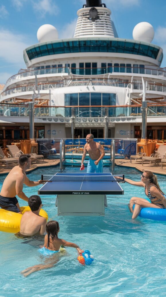 People are playing water ping pong in a shallow pool on a Caribbean cruise deck. Two are competing at the table, while three others, including a child, enjoy unforgettable adventures from inflatable rings. The ship's structure looms majestically in the background.