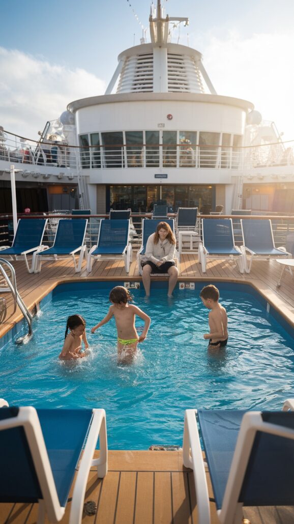 Children enjoy onboard activities in a small pool on a Family Caribbean Cruise ship deck, splashing water excitedly. A woman sits nearby, watching them. Blue lounge chairs line the deck, and the ship's structure is silhouetted against a clear sky.