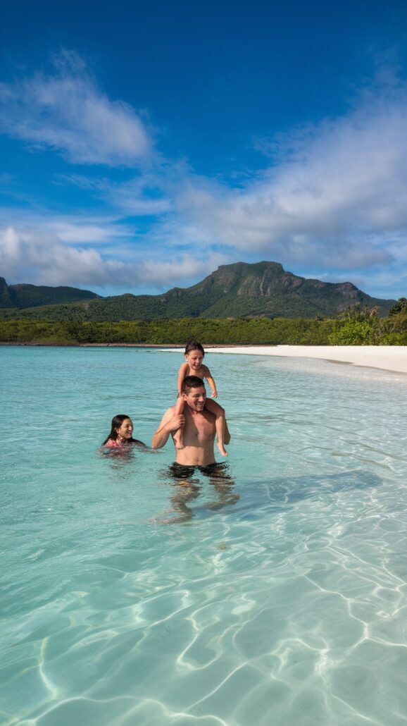 A young child sits on an adult's shoulders in the clear, turquoise waters, surrounded by family. Another adult plays nearby under the partly cloudy sky, framed by lush green Caribbean hills. An inspiring reason to embrace adventure—Book your Family Caribbean Cruise today!.
