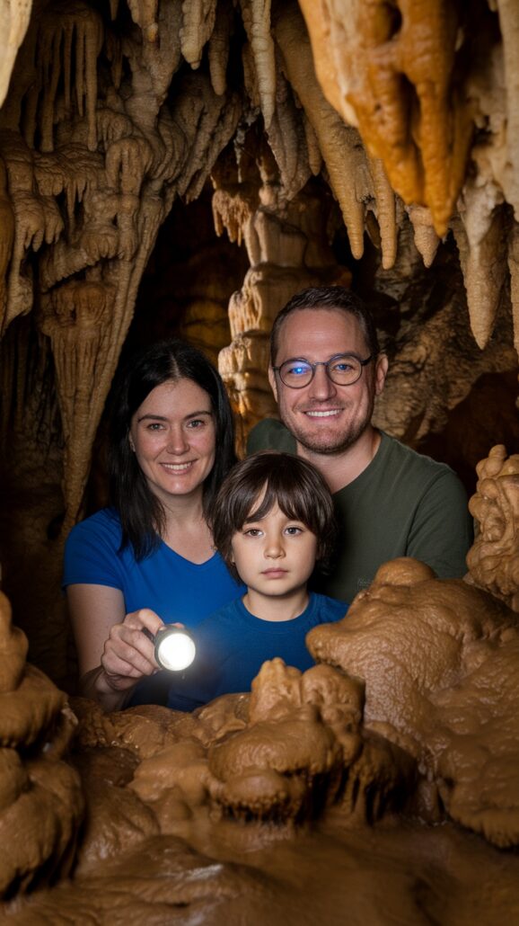 A woman, man, and child explore a cave during their Caribbean cruise itinerary. Surrounded by stunning stalactites and stalagmites, the woman illuminates the rocky formations with a flashlight. The family smiles with curiosity and engagement in this extraordinary setting.