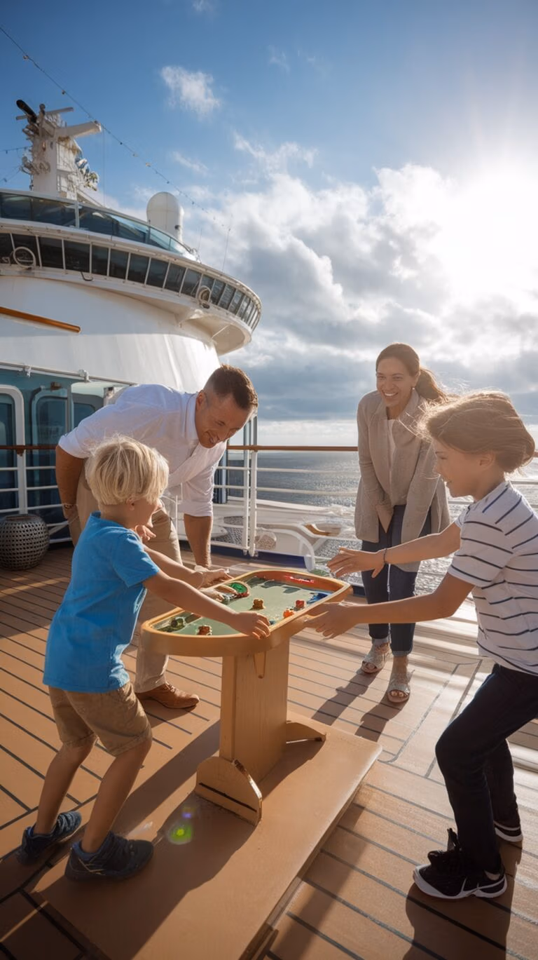 On a Caribbean cruise, a family of four strengthens their bonds while playing a board game on the sunlit deck. The ocean serves as a stunning backdrop as two adults stand on either side, watching their children actively engaged in the game.