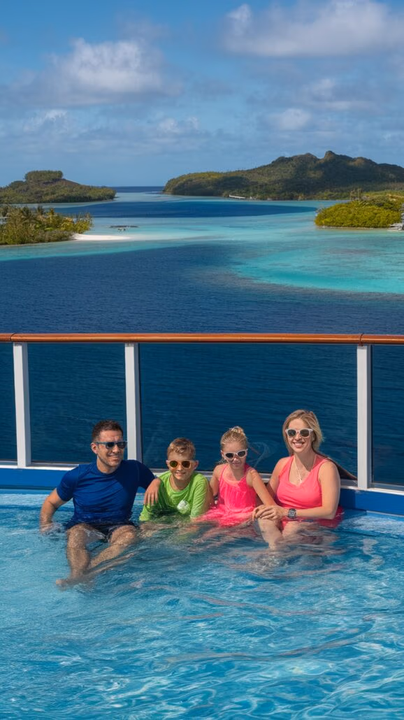 On their Caribbean cruise, a family of four relaxes in a small pool on the boat deck. The parents sit beside their children, all in swimsuits, with a stunning backdrop of blue water and distant islands beneath a partly cloudy sky. It's the perfect family vacation moment.