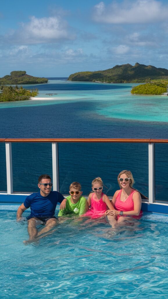 On their Caribbean cruise, a family of four relaxes in a small pool on the boat deck. The parents sit beside their children, all in swimsuits, with a stunning backdrop of blue water and distant islands beneath a partly cloudy sky. It's the perfect family vacation moment.