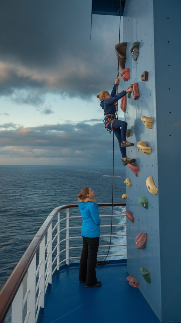 An unforgettable scene onboard a family Caribbean cruise: a person scales a rock wall on the ship's deck, securely harnessed, while another in a blue jacket expertly manages the rope below. The vast ocean and cloudy sky form an inspiring backdrop to this thrilling adventure.