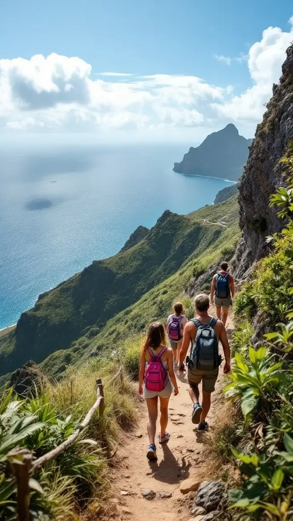 A group of people hike along a narrow trail overlooking the stunning Caribbean Islands' coastline. The path, lined with grass and small plants, reveals the ocean in the distance, with a cliff and large rock formation under a partly cloudy sky—perfect for those on a family cruise adventure.
