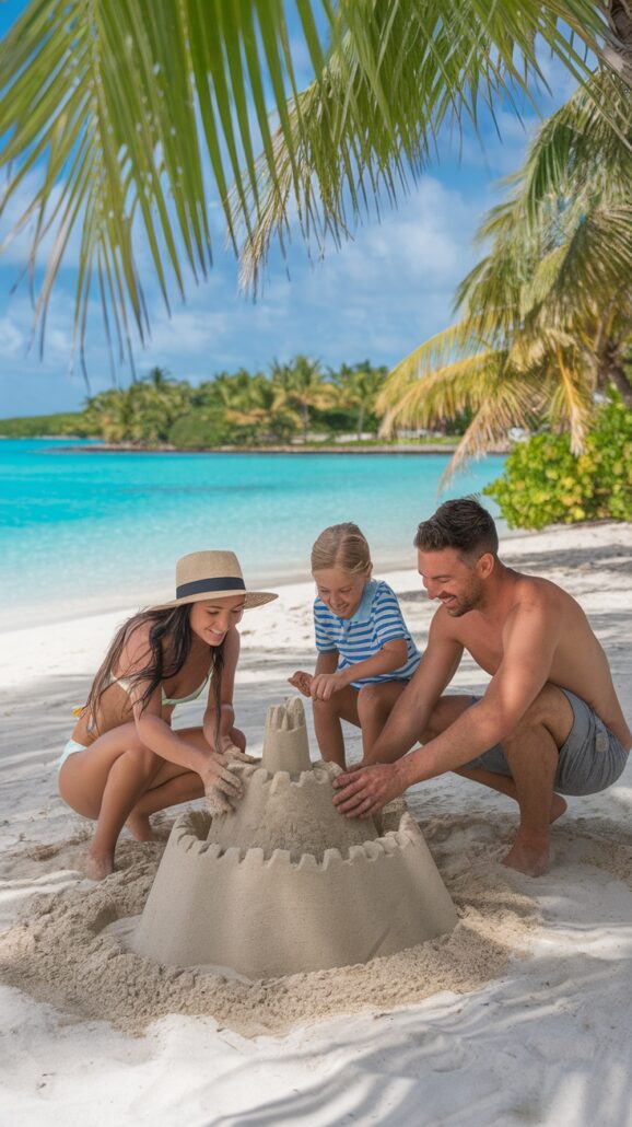 A man, woman, and child are building a sandcastle on a sandy beach during their amazing Caribbean cruise. Palm trees sway by the clear blue water in the background. The man and woman don swimsuits while the child sports a striped shirt, under a partly cloudy sky. A perfect family itinerary moment.