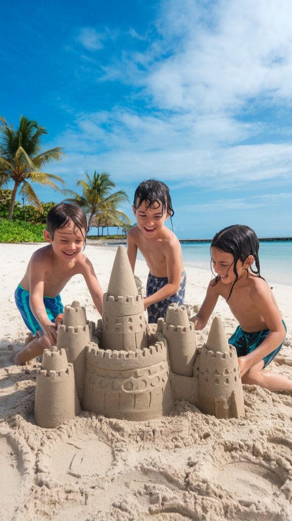 Three children are on an unforgettable adventure, building a large sandcastle with multiple towers on a sandy beach. The ocean and palm trees form a stunning backdrop under a partly cloudy sky. Clad in swim trunks, the youngsters revel in their Caribbean paradise escapade.