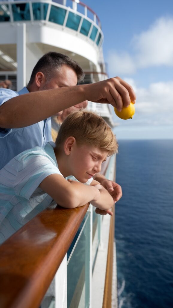 A person holds a lemon over a boy leaning on a cruise ship railing. The boy, captivated by the ocean's vastness, enjoys the moment as if he'd received Caribbean cruise tips from wise moms. Behind them, the ship's structure stands against a clear sky with scattered clouds.