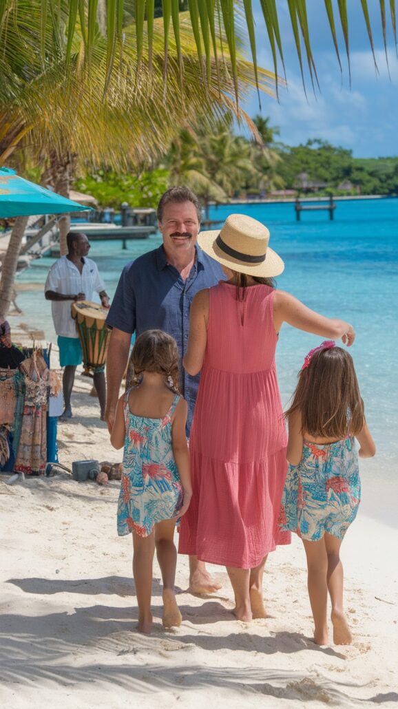 A family enjoys a Caribbean adventure as they walk on a sandy beach with two young girls near turquoise water and palm trees. The girls wear matching floral dresses, while the woman wears a pink dress and wide-brimmed hat. A man stands nearby, exploring a local clothing stand.