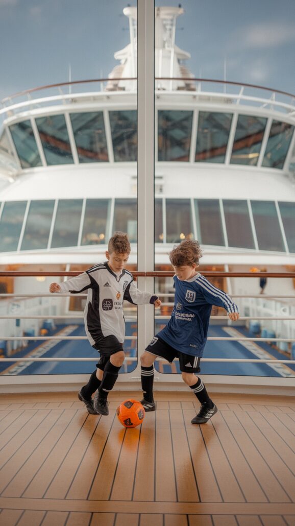Two children enjoy onboard activities by playing soccer on a Caribbean cruise ship's deck. One wears a black and white jersey, the other blue, as they chase a bright orange ball. The ship's structure looms in the background through large windows, framing their lively game.