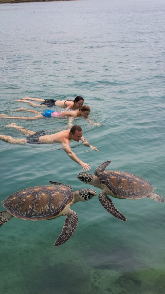 Three people enjoy a Caribbean cruise stop by swimming in the ocean near two sea turtles. The man in front reaches out toward the turtles, while a woman and child swim behind him. Families revel in the calm, clear waters and vibrant sea life visible below.