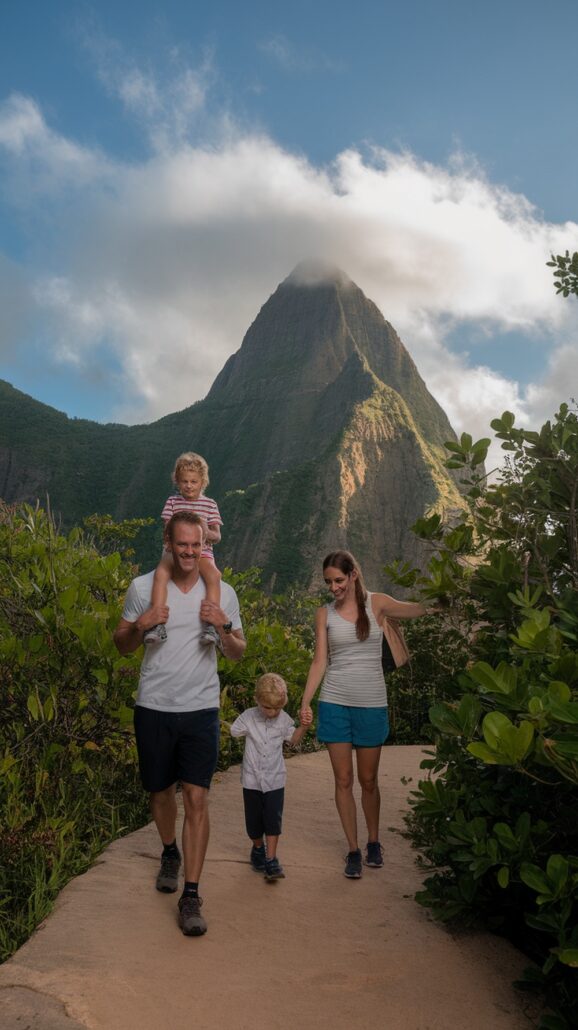 A family of four enjoys a nature hike, enveloped by lush greenery. The father carries one child on his shoulders as the mother holds hands with the other. A majestic mountain looms in the background, reminiscent of picturesque views often seen on Caribbean cruises under a tranquil blue sky.