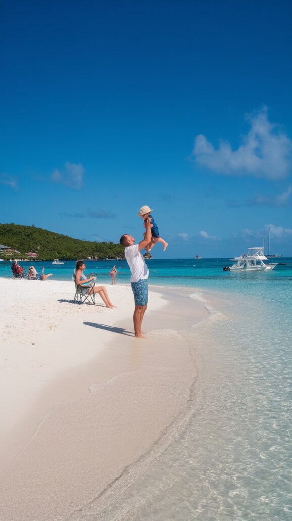 A man stands on a sandy beach, joyfully lifting a child in the air. Families relax under a clear blue sky, enjoying an amazing day at the coast. Boats dot the turquoise water, hinting at Caribbean cruise itineraries, while lush greenery provides a stunning backdrop.