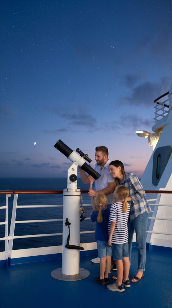 A family of four, dressed casually, enjoys the activities aboard a Caribbean cruise ship. They stand on deck using a telescope to gaze at scattered stars and a crescent moon. The ocean stretches peacefully under the twilight sky, strengthening their family bonds.