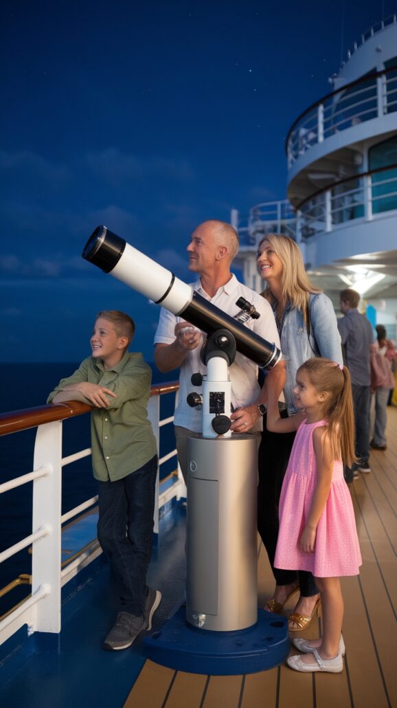 A family of four stands on the deck of a ship during their Caribbean cruise, gazing at the sky through a large telescope. The father operates it while the mother and two children, a boy and a girl, watch with interest. The ocean in the background sets the stage for unforgettable adventures.