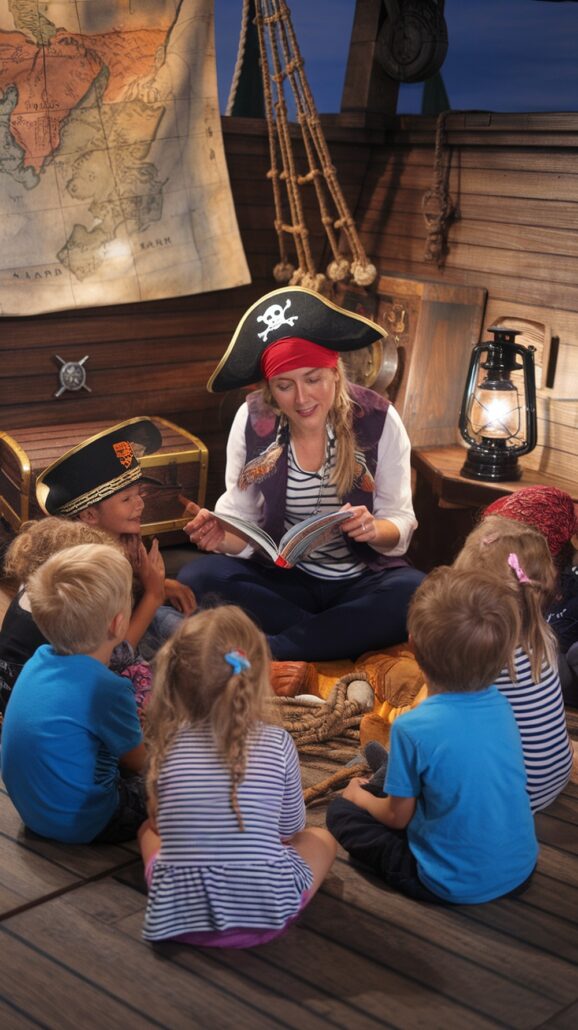 A woman in a pirate hat sits on a wooden floor, surrounded by children, reading a book of unforgettable adventures. A lantern casts a warm glow while a large map on the wall sets the scene for their nautical tales on an exciting Caribbean cruise.