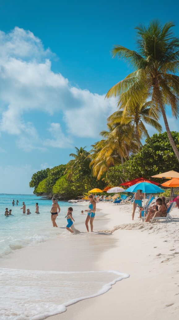 People enjoy a sunny day at a tropical beach, reminiscent of inspiring reasons to embark on a family Caribbean cruise. The scene includes cheerful adults and children near the shore, some splashing in the water, while colorful umbrellas and palm trees line the sandy beach under a clear blue sky.