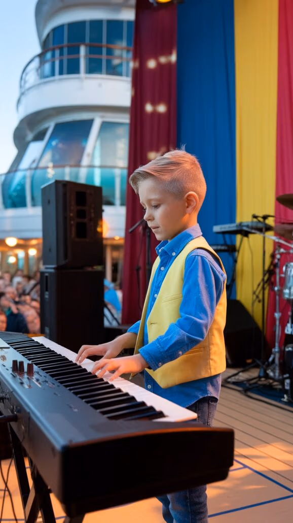 A young boy with short blonde hair plays a keyboard on stage, captivating the audience during an unforgettable performance. He wears a blue shirt and yellow vest, set against a backdrop of red and yellow curtains and musical equipment inside the ship's curved building with large windows.