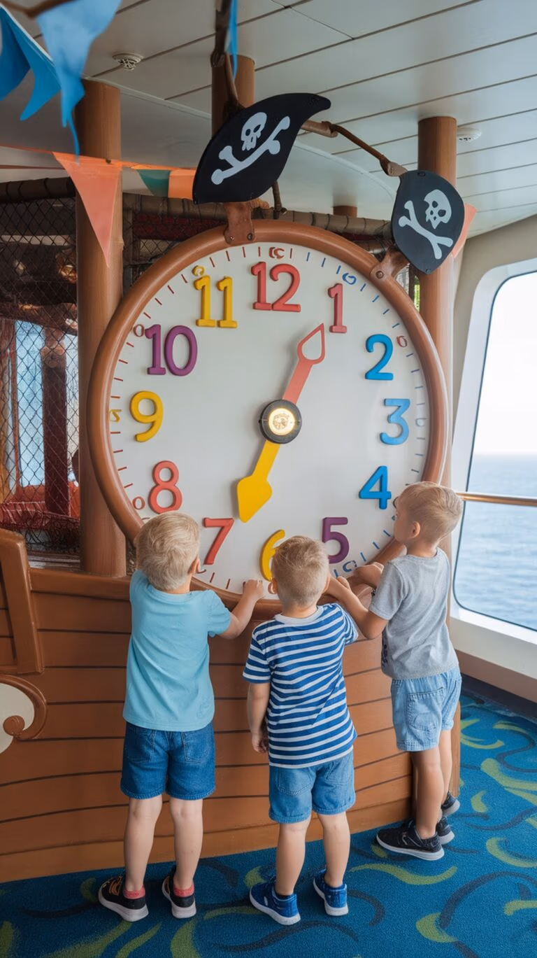 Three kids stand before a large, colorful clock adorned with pirate-themed decorations, adjusting the hands. The clock face features vibrant numbers. They are inside a room with a window revealing the ocean outside, as if learning valuable travel lessons on a Caribbean cruise.