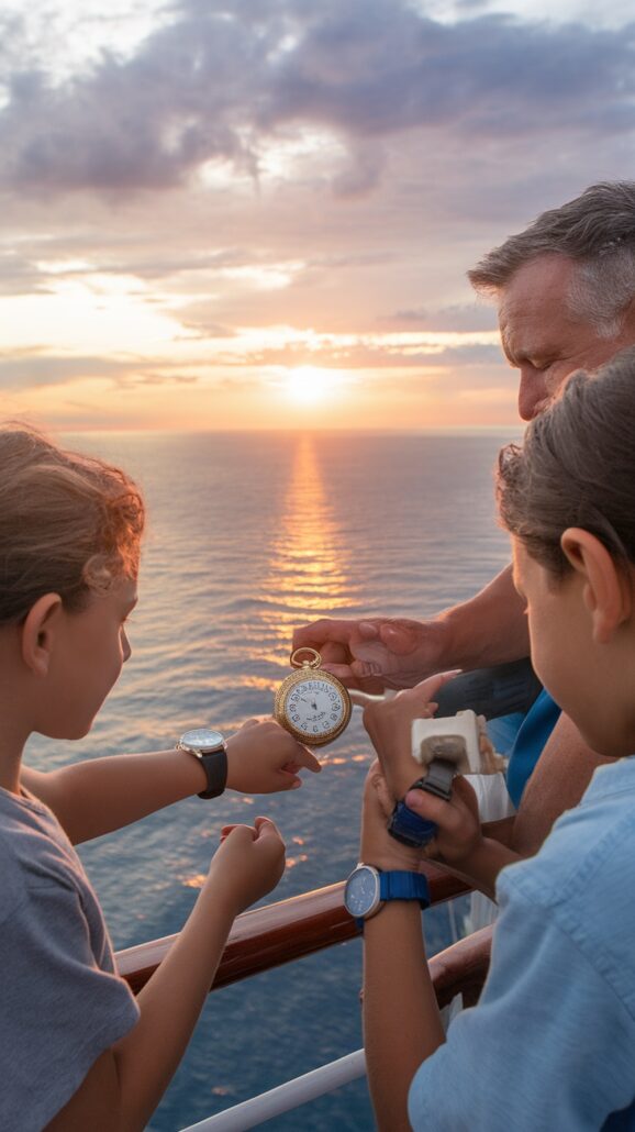 A group of three, perhaps a mom and her companions, stand on a ship's deck, holding a compass and essential instruments. They focus on the sunset ahead, casting reflections on the calm Caribbean ocean. The sky is partly cloudy with warm colors of sunset.