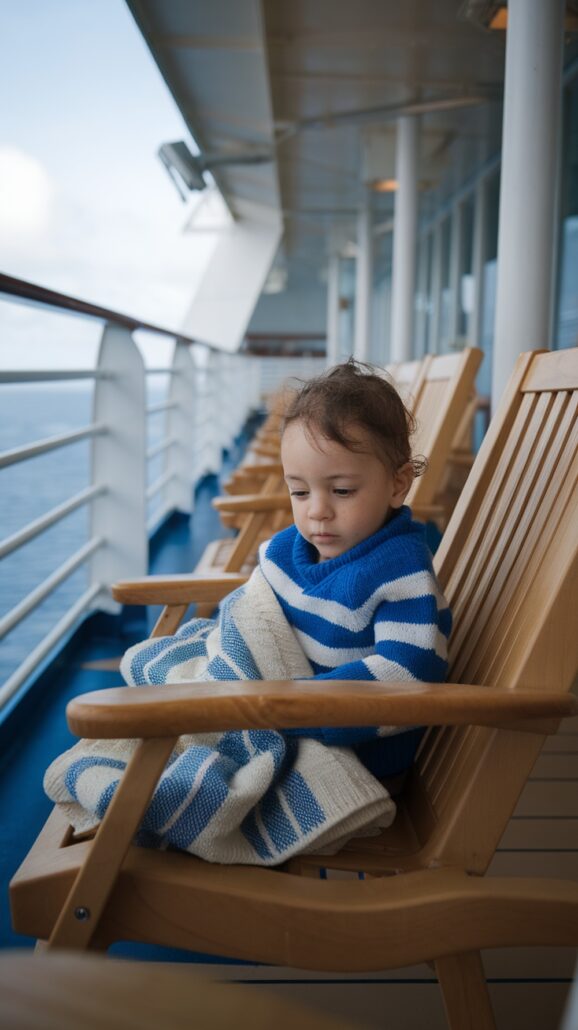 A young child sits wrapped in a blue and white striped blanket on a wooden deck chair, enjoying the calm of a Family Caribbean Cruise. They gaze downward, surrounded by must-have items, as the ship's deck and railing frame the vast ocean backdrop.