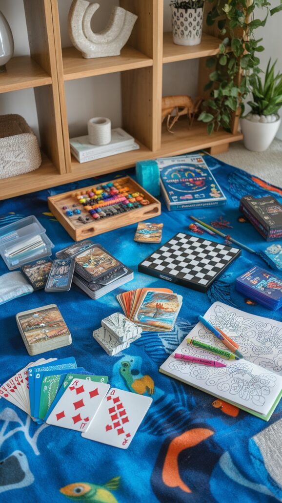 A variety of board games, playing cards, and a coloring book—must-have items for any Family Caribbean cruise—are spread out on a blue blanket with fish designs. A wooden shelf in the background holds books, plants, and decorative items.