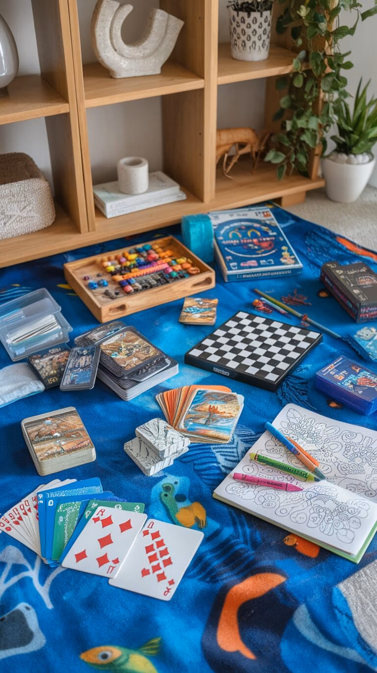 A variety of board games, playing cards, and a coloring book—must-have items for any Family Caribbean cruise—are spread out on a blue blanket with fish designs. A wooden shelf in the background holds books, plants, and decorative items.