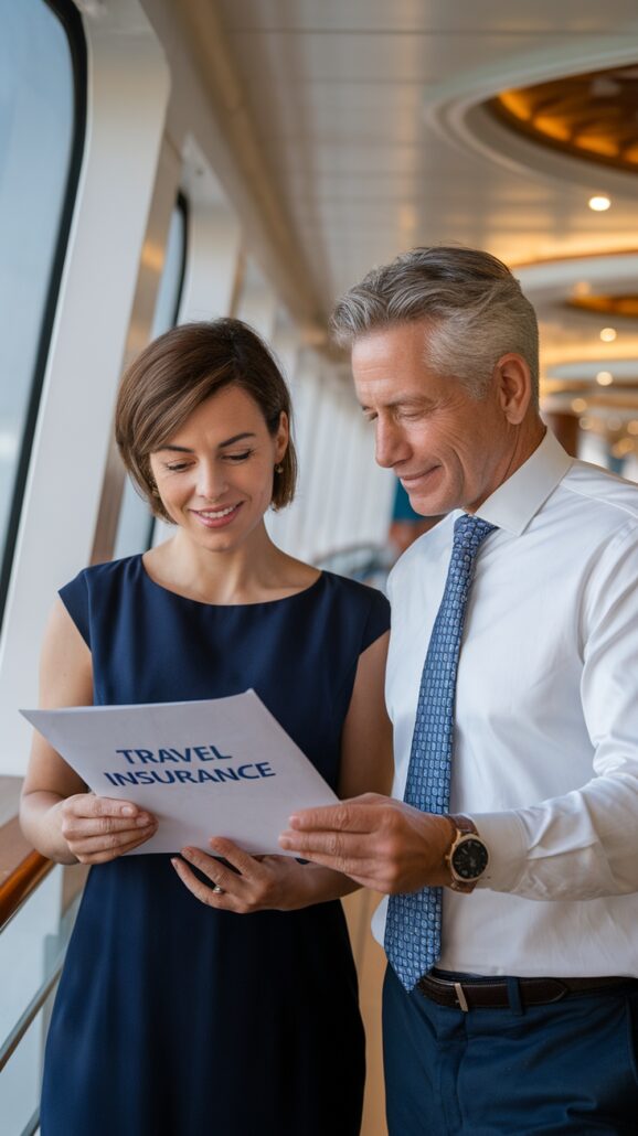 A woman and man are standing on a ship, smiling as they look at a document titled "Travel Insurance." The woman is wearing a navy dress, and the man sports a white shirt with a blue tie. Large windows reveal the sunlit sea, promising a stress-free Caribbean cruise ahead.