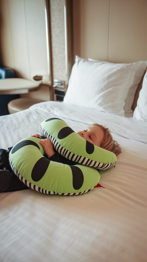 A child lies peacefully on a bed, clutching a must-have item for comfort—a large green, snake-shaped stuffed toy. Surrounded by white sheets and pillows, this snuggly companion could easily become your little one's favorite among items to pack for a family Caribbean cruise.