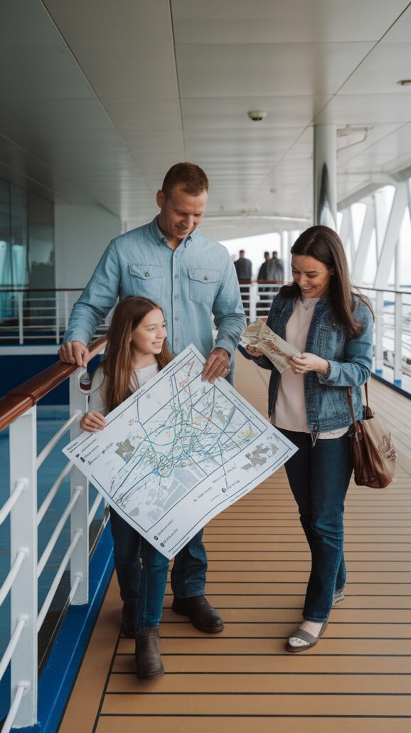 A man, woman, and girl stand on a ship's deck during their unforgettable family Caribbean cruise. The man and girl hold a large map, while the woman reads a smaller pamphlet. Casually dressed, they enjoy exploring onboard activities with a railing and blue wall in the background.