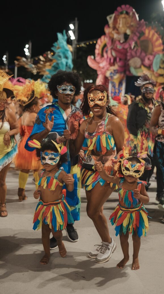 A family of four dressed in colorful costumes and masks joins a festive parade, evoking the vibrant spirit of a Caribbean cruise. Surrounded by others in bright colors and feathers, they revel in the lively backdrop of parade floats—a perfect highlight for amazing family itineraries.