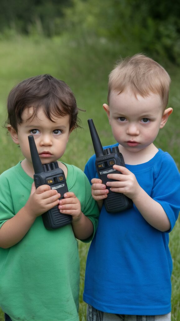Two young children stand on the grass, each holding a walkie-talkie. The child on the left, with curly hair, sports a green shirt. The child on the right, with short hair, wears blue. Surrounded by trees and greenery, it's an essential scene of playful communication amidst nature's backdrop.