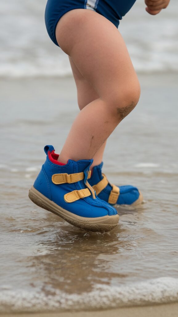 A child wearing blue and tan shoes joyfully walks in shallow water on a Family Caribbean Cruise, the ripples playing around their feet. With slightly bent legs and a sprinkle of sand on one knee, this scene captures one of the many must-have items for beach adventures.