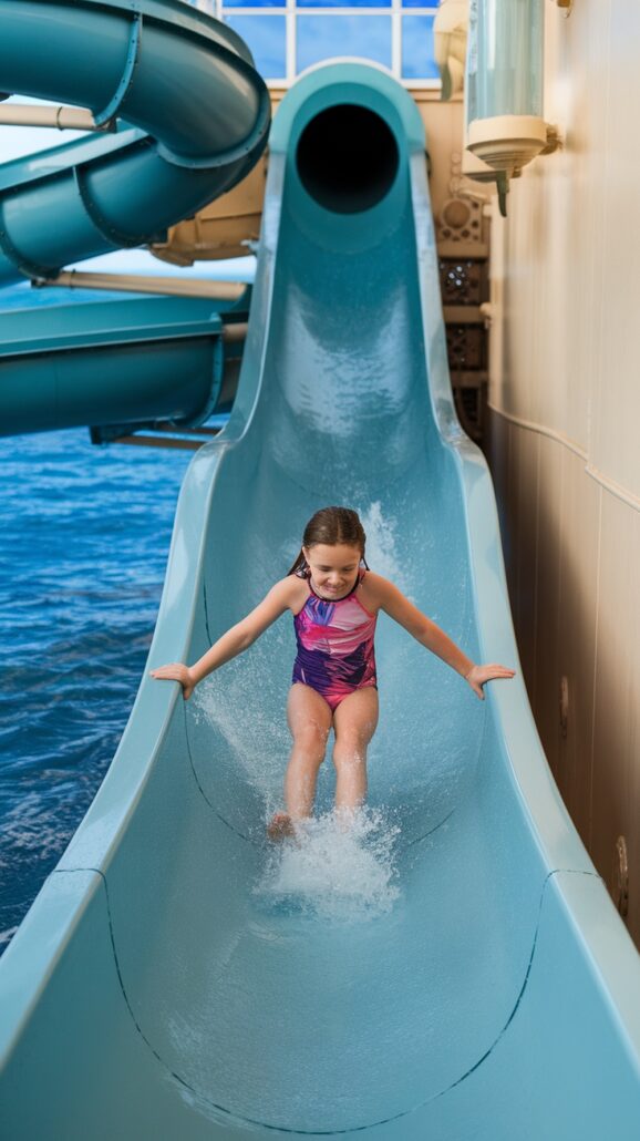 A child wearing a colorful swimsuit slides down a blue, spiral water slide onboard the family cruise. Splashing water surrounds the joyful descent, with the expanse of ocean water in view, adding to the Caribbean cruise adventure.