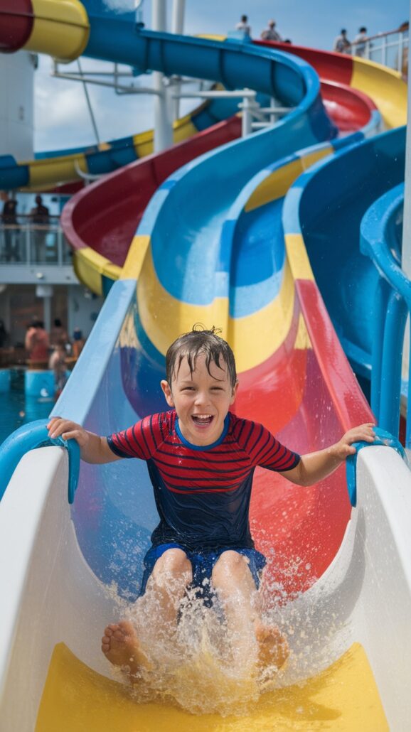 A child in a red and blue striped shirt slides down a colorfully vibrant water slide, splashing into adventure at the end. With red, yellow, and blue sections, this cruise promises unforgettable adventures for kids near the lively swimming pool backdrop.