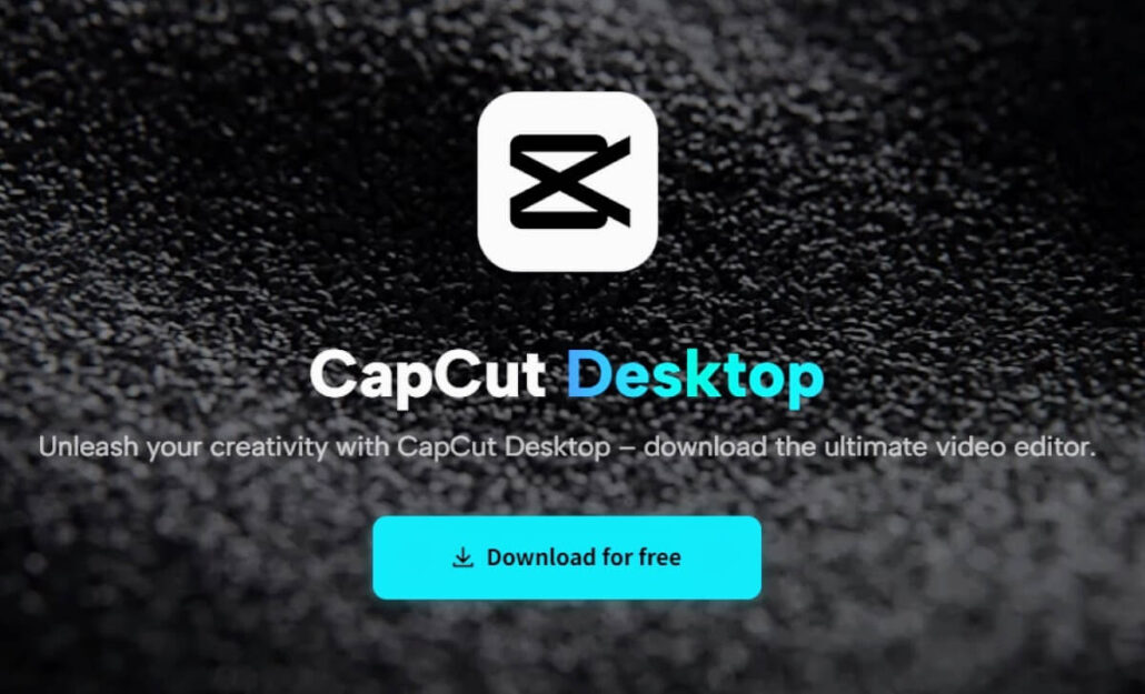 Image of a CapCut Desktop advertisement with a logo resembling a stylized letter "X" in a white square. The text reads "CapCut Desktop" with a download button labeled "Download for free" on a textured dark background, ready to transform your cruise photos into stunning video stories.